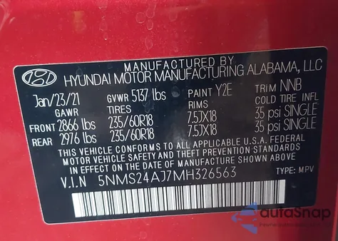 2021 Hyundai Santa Fe Sel z USA, uszkodzony, nr VIN 5NMS24AJ7MH326563